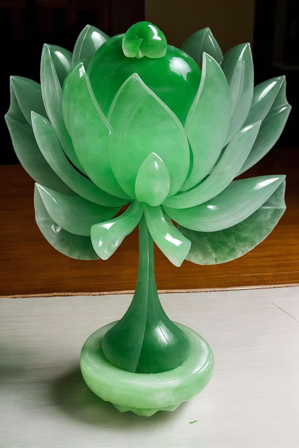 a (green jadeite:1.3, transparent:1.3) lotus flower and lotus leaf, jade with (green theme:1.3), no humans, high quality, masterpiece, realistic, photorealistic, long-focus, (indoors, on table:1.2),