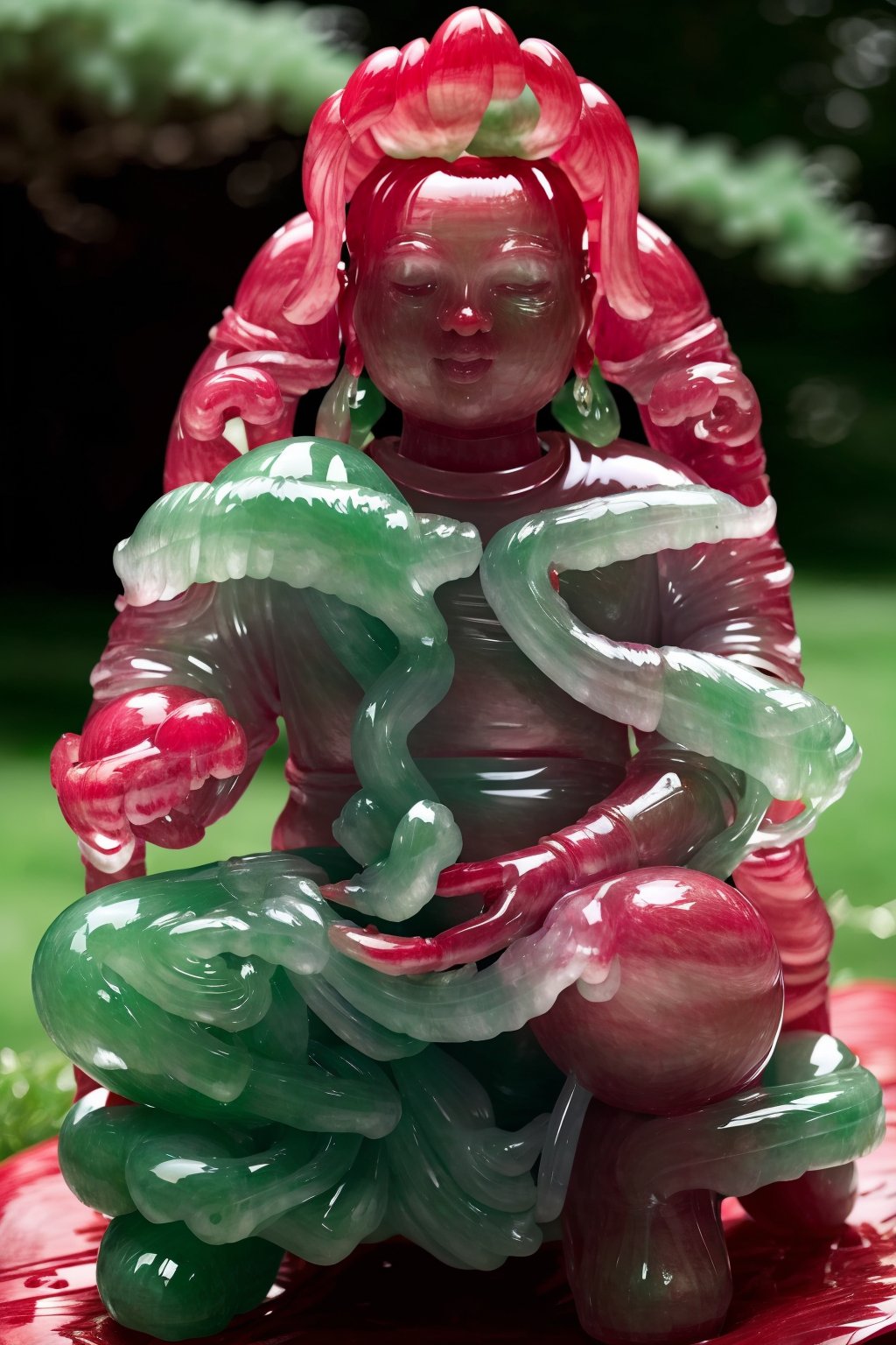 a (red jadeite:1.3, transparent:1.3) bear, (solo:1.2), sitting in lawn, jade with (red theme:1.3), no humans, high quality, masterpiece, realistic, photorealistic, long-focus, (outdoors)