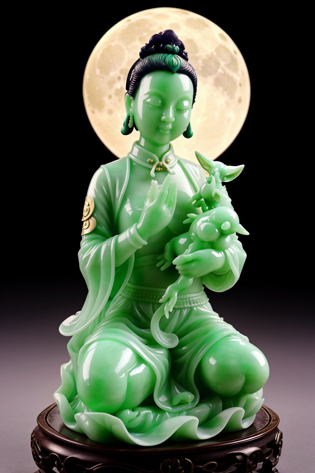 close up, jade Sculpture, jade, realistic, 1 girl, Holding a rabbit in her arms ï¼pure skin, cheongsam, cinematic light, full moon, cloud, night, moon light, star