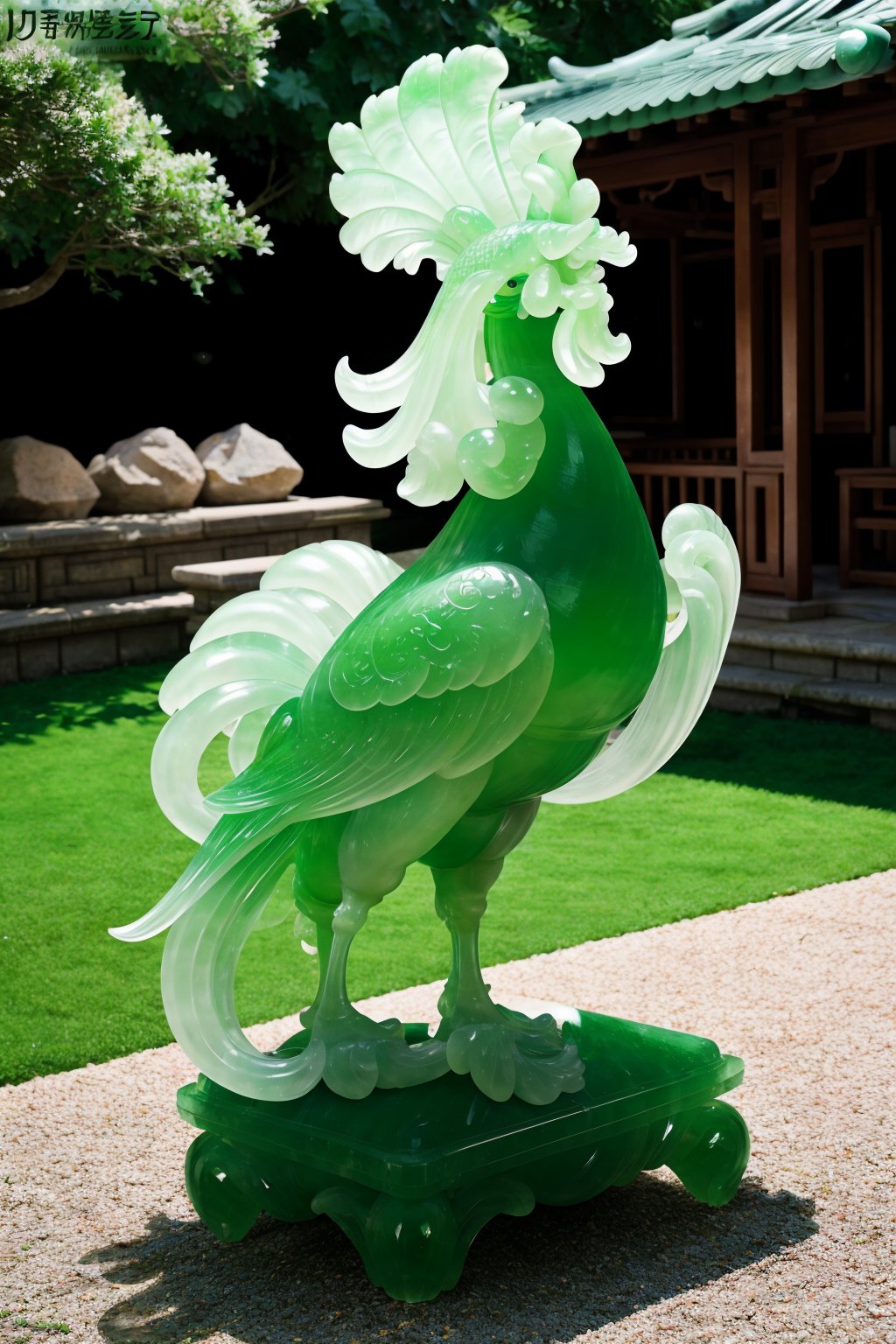 a (green jadeite, transparent:1.1) rooster, (solo:1.2), standing in lawn, no humans, high quality, masterpiece, realistic, photorealistic, long-focus, (outdoors)