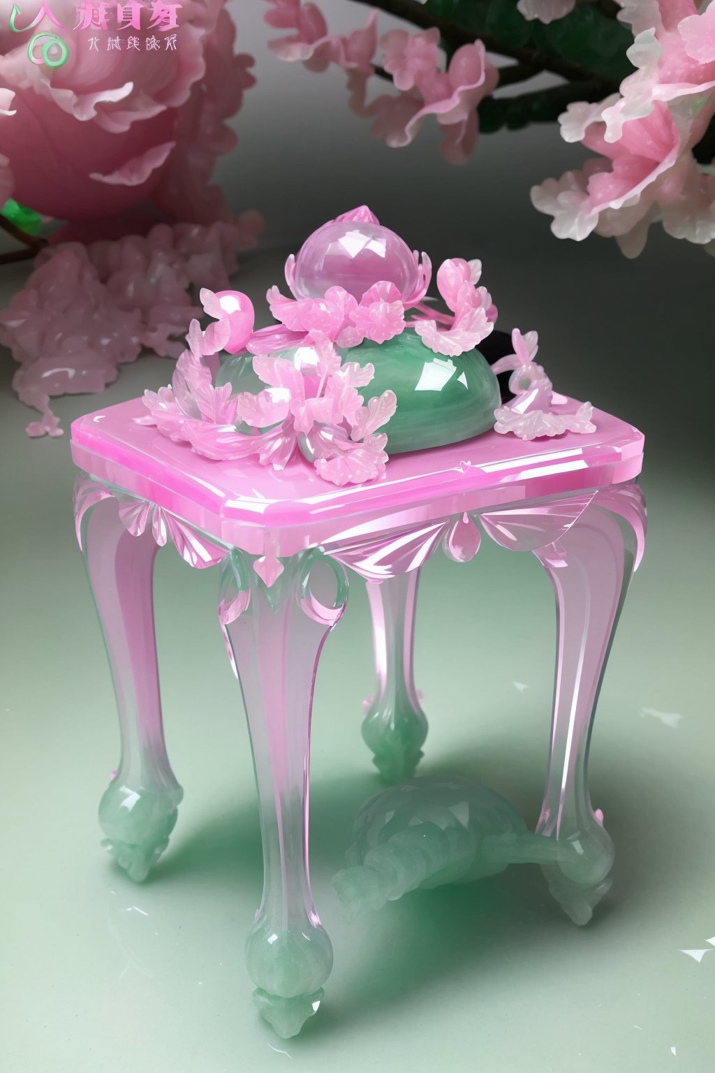 a (pink jadeite:1.3, transparent:1.3) villa, building model, jade with (pink theme:1.3), no humans, high quality, masterpiece, realistic, photorealistic, long-focus, (indoors, on table:1.2),