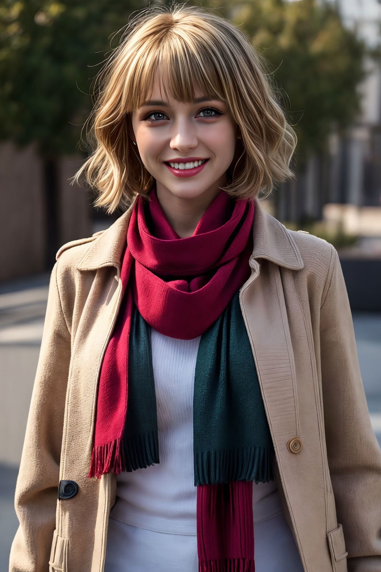 masterpiece, 4k, sfw(masterpiece, best quality) 1girl, solo, breasts, looking at viewer, smile, short hair, bangs, closed mouth, green eyes, blonde hair, jacket, upper body, open clothes, scarf, sweater, lips, coat, neckerchief, ribbed sweater, red scarf, realistic<lora:johnny-depp1_v1:0.7> light smile<lora:more_details:0.5><lora:add_detail:0.3><lora:polyhedron_skinny_all:0.2>(high detailed skin:1.1)<lora:GoodHands-vanilla:1>(nice hands, good hands)