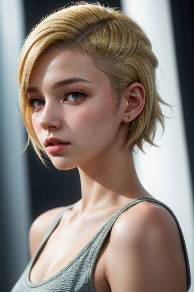 a 20 yo woman, blonde, (hi-top fade:1.3), dark theme, soothing tones, muted colors, high contrast, (natural skin texture, hyperrealism, soft light, sharp)<lora:polyhedron_skinny_all:0.3><lora:more_details:0.3><lora:add_detail:0.3>