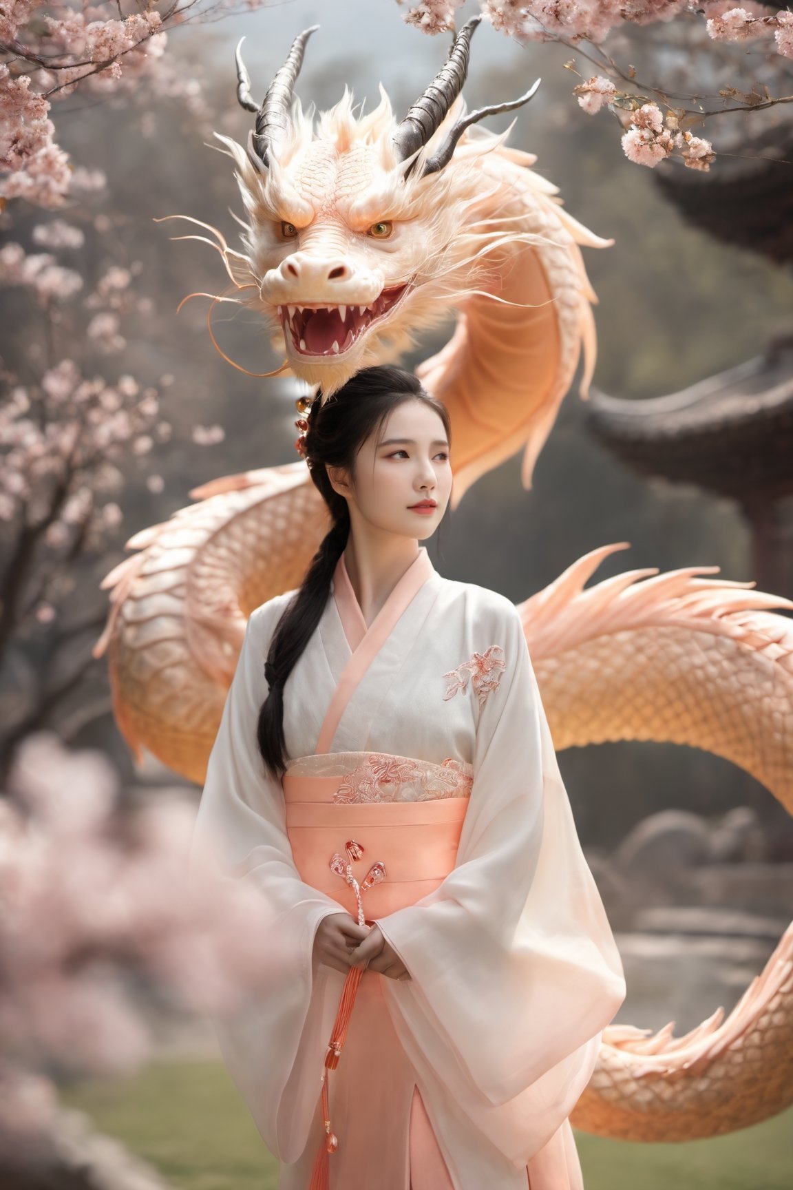 1 girl, Eastern Dragon, blossoms, peach drop, masterpiece, best quality, high detailed, effects, magic, nature background, glowing, skill game, ultra realistic, raw photo