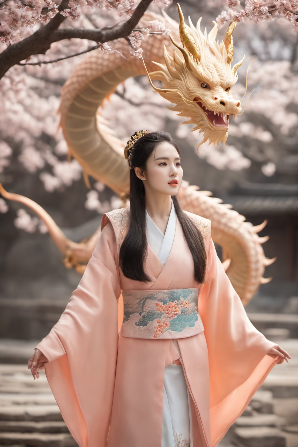 1 girl, Eastern Dragon, blossoms, peach drop, masterpiece, best quality, high detailed, effects, magic, nature background, glowing, skill game, ultra realistic, raw photo