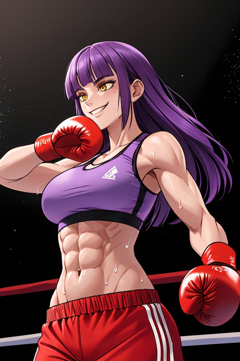 (best quality:1.2), (hyper detailed),

 purple hair, long hair, blunt bangs, yellow eyes, red boxing gloves, attack pose, smug, smirk, abs, sports bra, large breasts, from below, sweat, boxing ring background, volumetric lighting, light particles