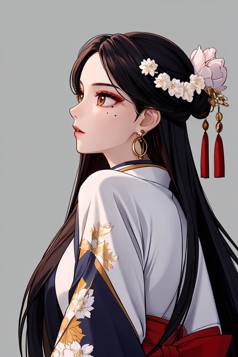 (best quality:1.2), (hyper detailed),

 1girl, flower, solo, black hair, jewelry, earrings, mole, hair ornament, mole under mouth, chinese clothes, long hair, upper body, from side, hanfu, white flower, profile, makeup