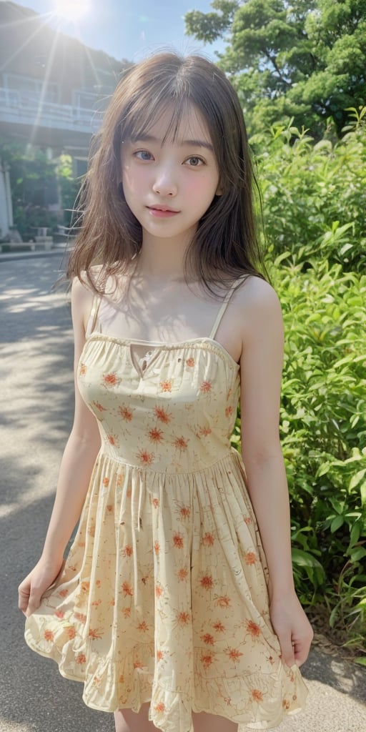  best quality, raw photo, 1 beautiful girl, hk_girl, dress, sun