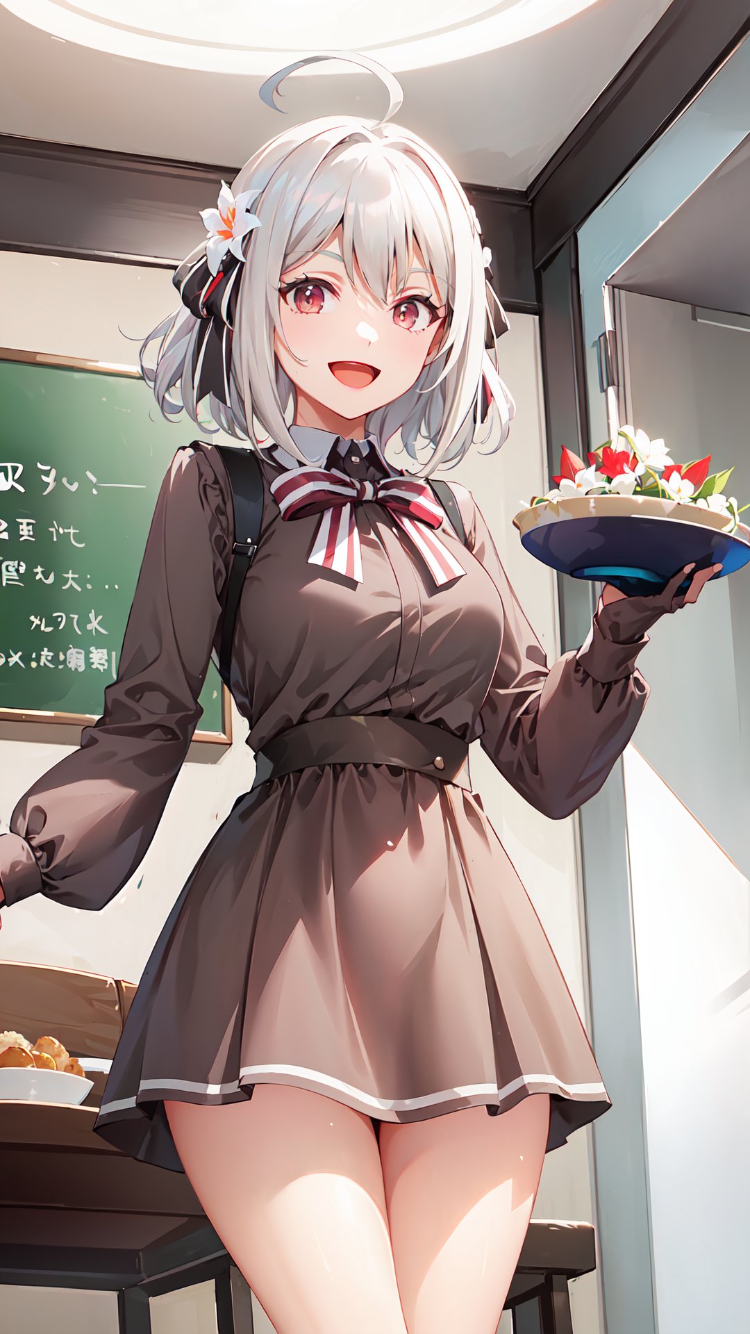 Lily, 1girl, solo, school uniform, pinafore dress, (brown dress:1.5), white shirt, long sleeves, red bow, standing, thick thighs, smile, :d, looking at viewer, dinning room, silver hair