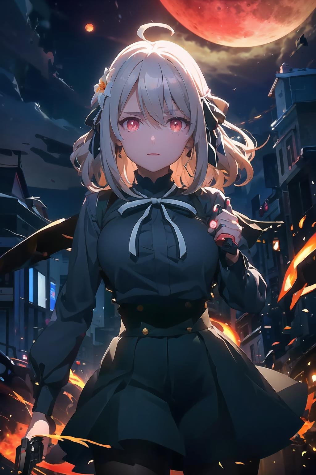 lily_olis, 1girl, solo, glowing eyes, black shirt, neck ribbon, suspenders, high-waist skirt, black skirt, black pantyhose, looking at viewer, handgunBREAKdark, darkness, night, red moon