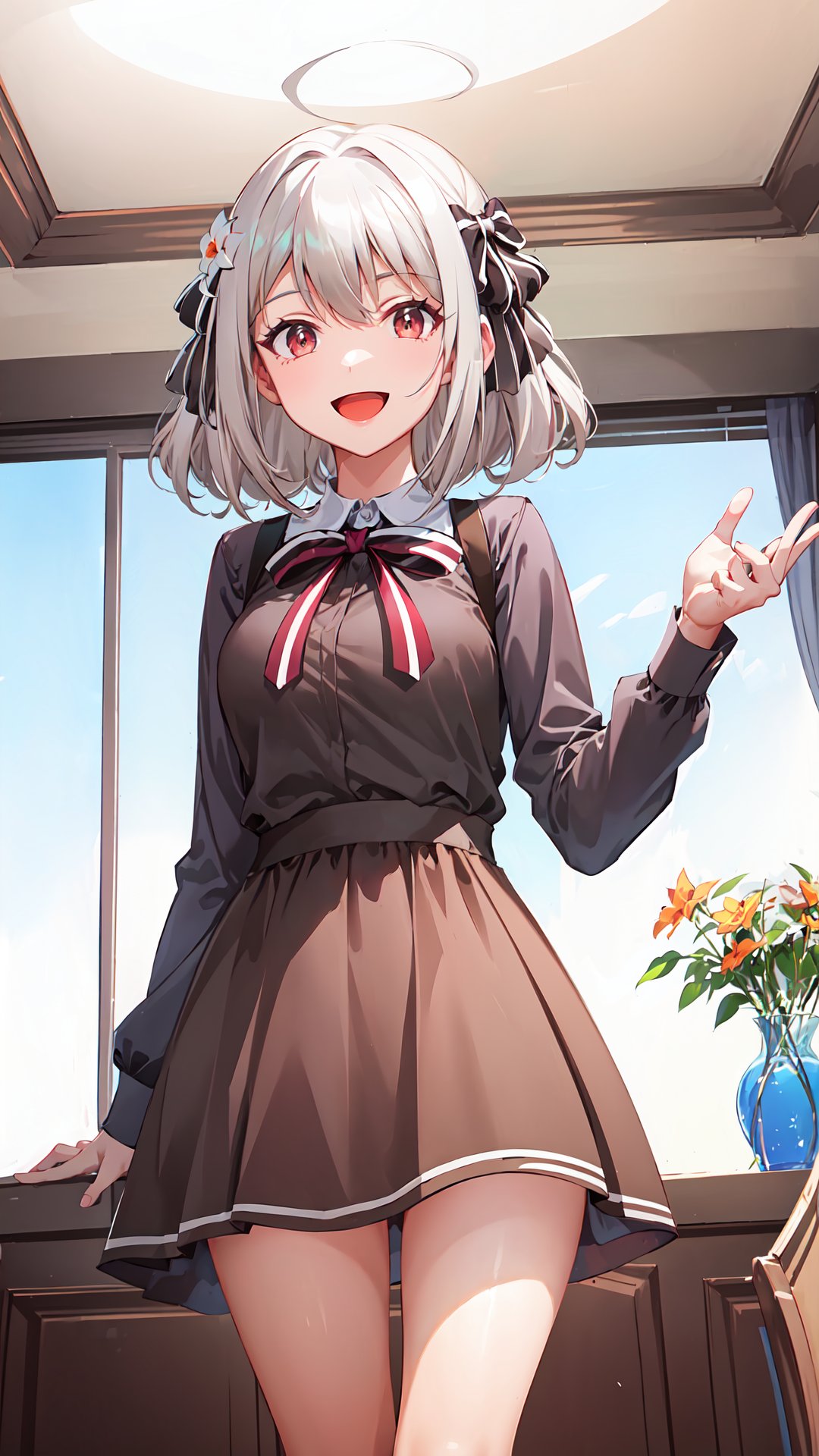 Lily, 1girl, solo, school uniform, pinafore dress, (brown dress:1.5), white shirt, long sleeves, red bow, standing, thick thighs, smile, :d, looking at viewer, dinning room, silver hair