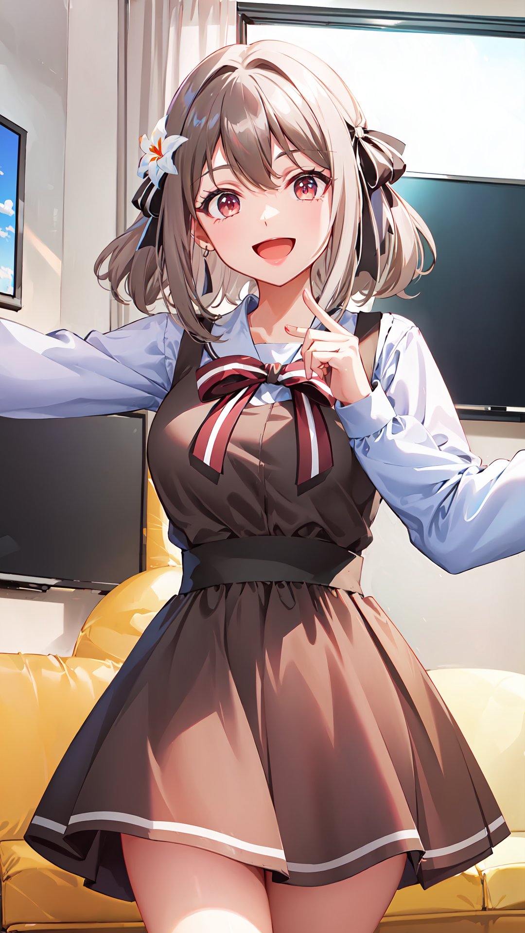 Lily, 1girl, solo, school uniform, pinafore dress, (brown dress:1.5), white shirt, long sleeves, red bow, standing, thick thighs, smile, :d, looking at viewer, living room