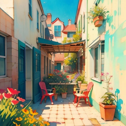 Flower store, coffee spot, tables, chairs, no one, windows, flowers, plants, potted plants, watercolor (medium), landscapes, doors, air conditioning, paintings (medium), traditional media, houses, outdoors, balconies, architecture,colorful