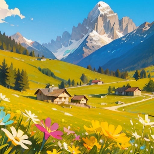 spring,Alps,chalets,sheep,bluesky,whiteclouds,meadows,trees,manyflowers,distantmountains,Thereisacastleinthedistance,tranquillity,shepherdboys,rocks,colorful