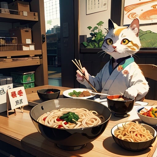 at a table with a bowl of noodles, chopsticks, in the style of otherworldly creatures, vibrant neo-traditional, grocery art, catcore, dreamlike installations, unique yokai illustrations, dense composition, color smoky, smoke