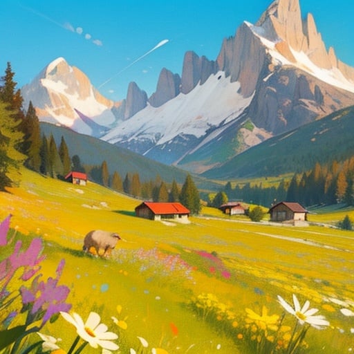spring,Alps,chalets,sheep,bluesky,whiteclouds,meadows,trees,manyflowers,distantmountains,Thereisacastleinthedistance,tranquillity,shepherdboys,rocks,colorful