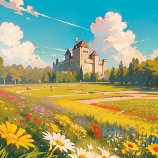 big donjon,big Castle, grassland,flower, pasture,Large perspective, (Wide Angle:1.3,masterpiece,best quality.Amazing,atmosphere,epic,keaifeng,Sunny, blue sky, white clouds,garden,Vivid, high saturation,colorful