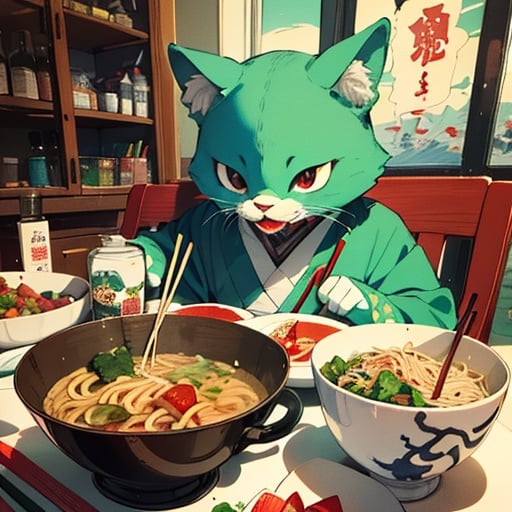 at a table with a bowl of noodles, chopsticks, in the style of otherworldly creatures, vibrant neo-traditional, grocery art, catcore, dreamlike installations, unique yokai illustrations, dense composition, color smoky, smoke
