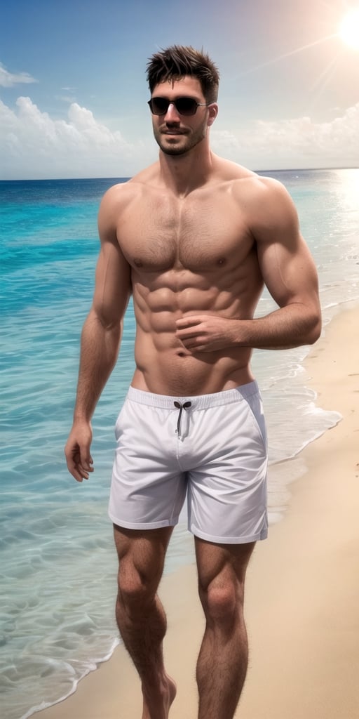 (best quality, high quality):1.4, photo of a handsome very short male hair  hunk man walking at the beach,  nylon male shorts, 30 year old, healthy, jovial, heroic, very thick crooked nose, small pale thin male lips, very long cleft chin, tall, 3d,  wide large strong shoulders,  ultra short buzzed hair, very masculine realistic walking movement, masculine male clothes only, tropical beach, sunset, , very well drawn symmetric face, absurdres, ,  