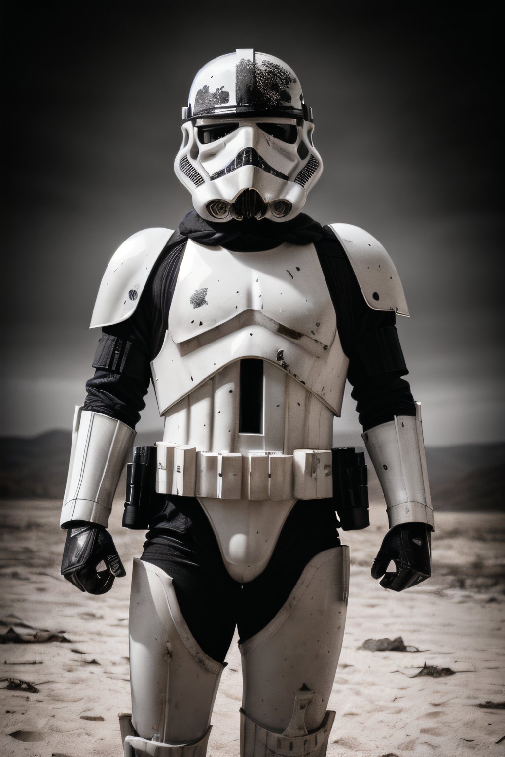 reallistic photo of a death skull elite stormtrooper,  heavy damage to helmet,  ruined blood stained,  damaged black and white stormtrooper armour,  decayed,  corrosion,  solemn,  returning from battle where friends died | muted colour scheme,  bt award winning photographer,  nikon,  canon,  large format film,  clarity,  detail to the extreme, StokeRealV1, <lora:EMS-45276-EMS:1.000000>