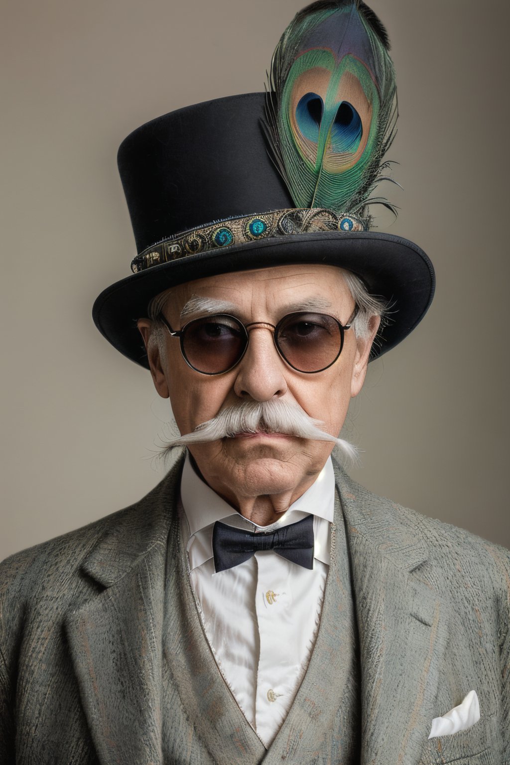 hyper detailed photograph of a cool chilled confident elderly Victorian 1gentleman with an extravagant large straight symmetrical 1moustache, wearing round 1sunglasses, peacock feather in hat, muted pastel colour scheme, studio lighting, plain background,StokeRealV1
