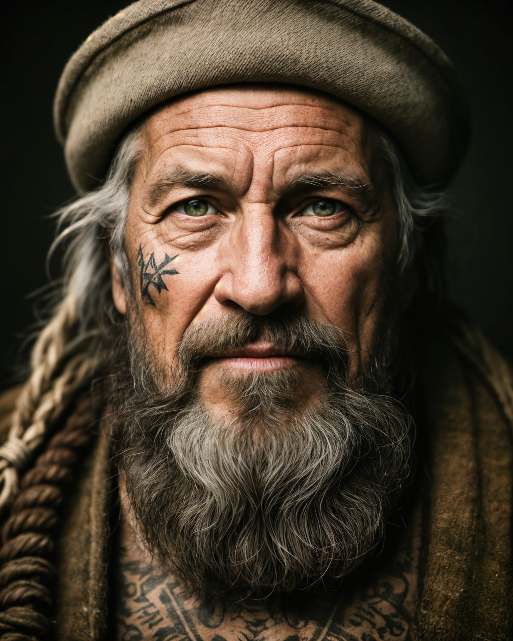 Hyper detailed photograph of a captivating portrait of a wise and weathered old sailor,  adorned with nautical tattoos and a rugged expression that tells tales of countless voyages,  award winning realistic photograph by the world best portrait photographer,  overcast day,  vivid fantasy colours,  nikon,  award winning,  breathtaking,  groundbreaking,  superb,  outstanding,  lensculture landscape awards,  photoshopped,  evenly lit features,  8 k,  hi res