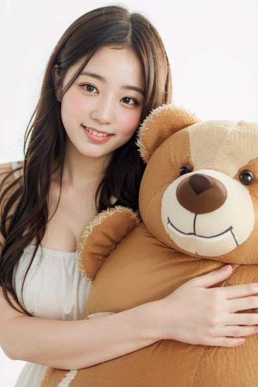(ultra best quality、A high resolution、８ｋ、​masterpiece:1.3),(((Very large stuffed bear))),Woman hugging a very large stuffed bear, girl dressed in white, no background, blank background, loli face, age 15, best smile, holding stuffed bear,stuffed bear larger than girl's body,(She buries her face in a stuffed bear.)