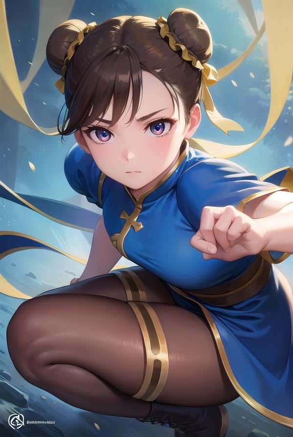 chunli, <lora:chunli-lora-nochekaiser:1>,chun li, (brown eyes:1.5), brown hair, (bun cover:1.5), double bun, eyeliner, hair bun, lipstick, makeup, pink lips,BREAK blue dress, boots, bracelet, brown pantyhose, china dress, chinese clothes, cross-laced footwear, dress, gold trim, jewelry, pantyhose, pelvic curtain, puffy sleeves, sash, short sleeves, side slit, spiked bracelet, spikes, white footwear,BREAK looking at viewer, full body,BREAK outdoors,BREAK <lyco:GoodHands-beta2:1>, (masterpiece:1.2), best quality, high resolution, unity 8k wallpaper, (illustration:0.8), (beautiful detailed eyes:1.6), extremely detailed face, perfect lighting, extremely detailed CG, (perfect hands, perfect anatomy),