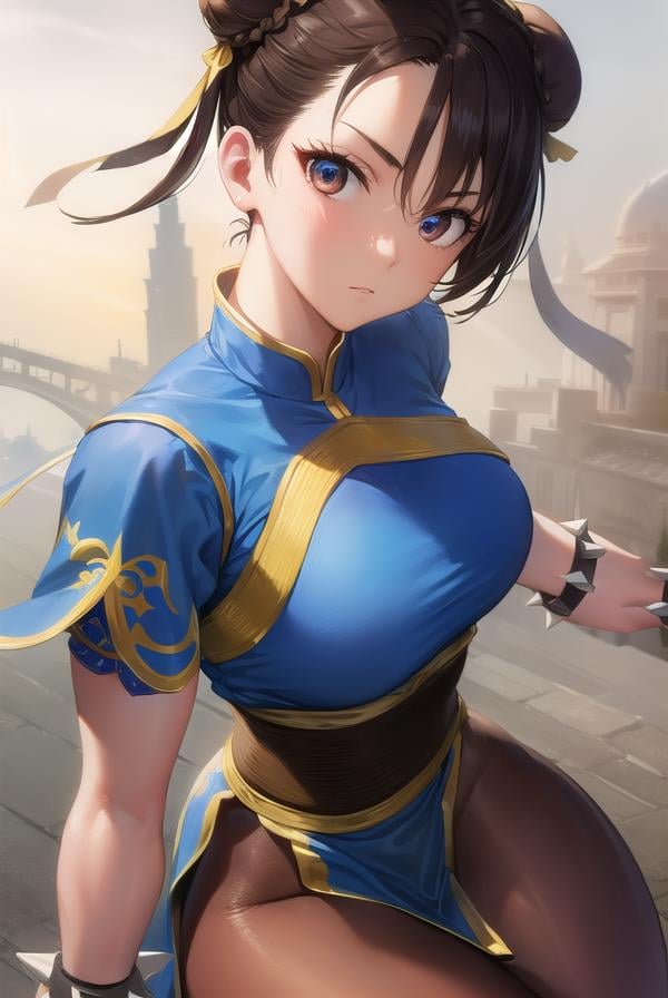 chunli, <lora:chunli-lora-nochekaiser:1>,chun li, (brown eyes:1.5), brown hair, (bun cover:1.5), double bun, eyeliner, hair bun, lipstick, makeup, pink lips,BREAK blue dress, boots, bracelet, brown pantyhose, china dress, chinese clothes, cross-laced footwear, dress, gold trim, jewelry, pantyhose, pelvic curtain, puffy sleeves, sash, short sleeves, side slit, spiked bracelet, spikes, white footwear,BREAK looking at viewer, full body,BREAK outdoors,BREAK <lyco:GoodHands-beta2:1>, (masterpiece:1.2), best quality, high resolution, unity 8k wallpaper, (illustration:0.8), (beautiful detailed eyes:1.6), extremely detailed face, perfect lighting, extremely detailed CG, (perfect hands, perfect anatomy),