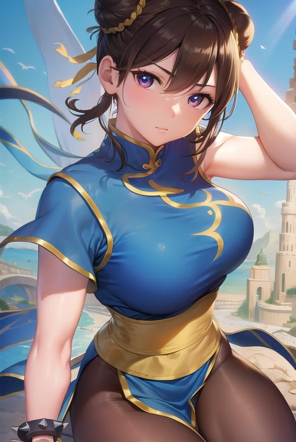 chunli, <lora:chunli-lora-nochekaiser:1>,chun li, (brown eyes:1.5), brown hair, (bun cover:1.5), double bun, eyeliner, hair bun, lipstick, makeup, pink lips,BREAK blue dress, boots, bracelet, brown pantyhose, china dress, chinese clothes, cross-laced footwear, dress, gold trim, jewelry, pantyhose, pelvic curtain, puffy sleeves, sash, short sleeves, side slit, spiked bracelet, spikes, white footwear,BREAK looking at viewer, full body,BREAK outdoors,BREAK <lyco:GoodHands-beta2:1>, (masterpiece:1.2), best quality, high resolution, unity 8k wallpaper, (illustration:0.8), (beautiful detailed eyes:1.6), extremely detailed face, perfect lighting, extremely detailed CG, (perfect hands, perfect anatomy),