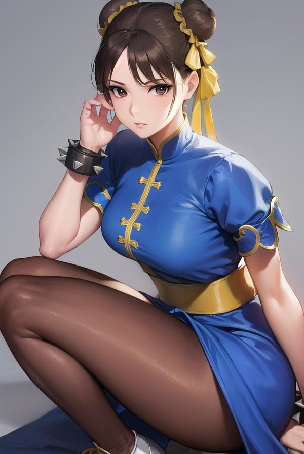 chunli, <lora:chunli-lora-nochekaiser:1>,chun li, (brown eyes:1.5), brown hair, (bun cover:1.5), double bun, eyeliner, hair bun, lipstick, makeup, pink lips,BREAK blue dress, boots, bracelet, brown pantyhose, china dress, chinese clothes, cross-laced footwear, dress, gold trim, jewelry, pantyhose, pelvic curtain, puffy sleeves, sash, short sleeves, side slit, spiked bracelet, spikes, white footwear,BREAK looking at viewer, full body,BREAK outdoors,BREAK <lyco:GoodHands-beta2:1>, (masterpiece:1.2), best quality, high resolution, unity 8k wallpaper, (illustration:0.8), (beautiful detailed eyes:1.6), extremely detailed face, perfect lighting, extremely detailed CG, (perfect hands, perfect anatomy),