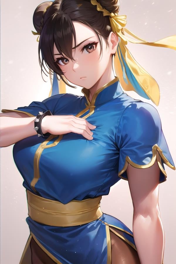 chunli, <lora:chunli-lora-nochekaiser:1>,chun li, (brown eyes:1.5), brown hair, (bun cover:1.5), double bun, eyeliner, hair bun, lipstick, makeup, pink lips,BREAK blue dress, boots, bracelet, brown pantyhose, china dress, chinese clothes, cross-laced footwear, dress, gold trim, jewelry, pantyhose, pelvic curtain, puffy sleeves, sash, short sleeves, side slit, spiked bracelet, spikes, white footwear,BREAK looking at viewer, full body,BREAK outdoors,BREAK <lyco:GoodHands-beta2:1>, (masterpiece:1.2), best quality, high resolution, unity 8k wallpaper, (illustration:0.8), (beautiful detailed eyes:1.6), extremely detailed face, perfect lighting, extremely detailed CG, (perfect hands, perfect anatomy),