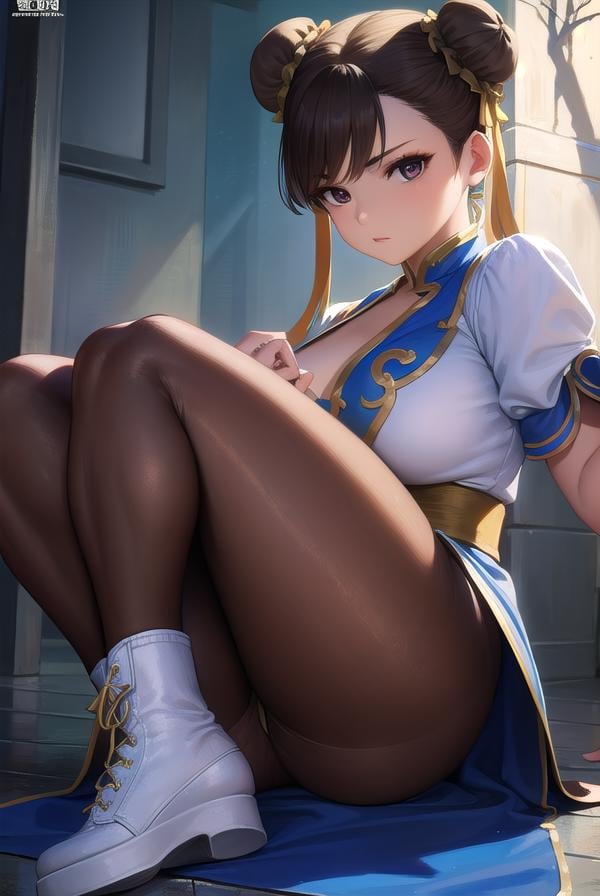 chunli, <lora:chunli-lora-nochekaiser:1>,chun li, (brown eyes:1.5), brown hair, (bun cover:1.5), double bun, eyeliner, hair bun, lipstick, makeup, pink lips,BREAK blue dress, boots, bracelet, brown pantyhose, china dress, chinese clothes, cross-laced footwear, dress, gold trim, jewelry, pantyhose, pelvic curtain, puffy sleeves, sash, short sleeves, side slit, spiked bracelet, spikes, white footwear,BREAK looking at viewer, full body,BREAK outdoors,BREAK <lyco:GoodHands-beta2:1>, (masterpiece:1.2), best quality, high resolution, unity 8k wallpaper, (illustration:0.8), (beautiful detailed eyes:1.6), extremely detailed face, perfect lighting, extremely detailed CG, (perfect hands, perfect anatomy),