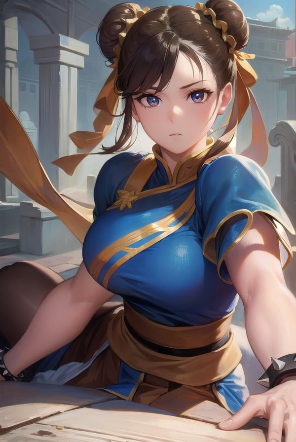 chunli, <lora:chunli-lora-nochekaiser:1>,chun li, (brown eyes:1.5), brown hair, (bun cover:1.5), double bun, eyeliner, hair bun, lipstick, makeup, pink lips,BREAK blue dress, boots, bracelet, brown pantyhose, china dress, chinese clothes, cross-laced footwear, dress, gold trim, jewelry, pantyhose, pelvic curtain, puffy sleeves, sash, short sleeves, side slit, spiked bracelet, spikes, white footwear,BREAK looking at viewer, full body,BREAK outdoors,BREAK <lyco:GoodHands-beta2:1>, (masterpiece:1.2), best quality, high resolution, unity 8k wallpaper, (illustration:0.8), (beautiful detailed eyes:1.6), extremely detailed face, perfect lighting, extremely detailed CG, (perfect hands, perfect anatomy),