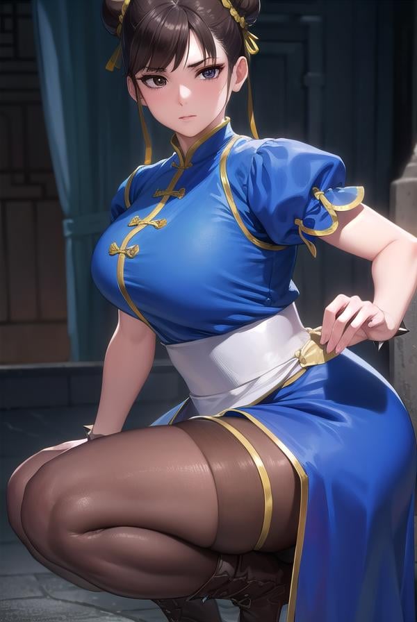 chunli, <lora:chunli-lora-nochekaiser:1>,chun li, (brown eyes:1.5), brown hair, (bun cover:1.5), double bun, eyeliner, hair bun, lipstick, makeup, pink lips,BREAK blue dress, boots, bracelet, brown pantyhose, china dress, chinese clothes, cross-laced footwear, dress, gold trim, jewelry, pantyhose, pelvic curtain, puffy sleeves, sash, short sleeves, side slit, spiked bracelet, spikes, white footwear,BREAK looking at viewer, full body,BREAK outdoors,BREAK <lyco:GoodHands-beta2:1>, (masterpiece:1.2), best quality, high resolution, unity 8k wallpaper, (illustration:0.8), (beautiful detailed eyes:1.6), extremely detailed face, perfect lighting, extremely detailed CG, (perfect hands, perfect anatomy),