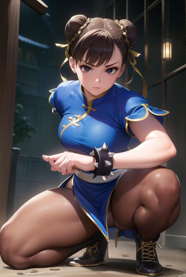 chunli, <lora:chunli-lora-nochekaiser:1>,chun li, (brown eyes:1.5), brown hair, (bun cover:1.5), double bun, eyeliner, hair bun, lipstick, makeup, pink lips,BREAK blue dress, boots, bracelet, brown pantyhose, china dress, chinese clothes, cross-laced footwear, dress, gold trim, jewelry, pantyhose, pelvic curtain, puffy sleeves, sash, short sleeves, side slit, spiked bracelet, spikes, white footwear,BREAK looking at viewer, full body,BREAK outdoors,BREAK <lyco:GoodHands-beta2:1>, (masterpiece:1.2), best quality, high resolution, unity 8k wallpaper, (illustration:0.8), (beautiful detailed eyes:1.6), extremely detailed face, perfect lighting, extremely detailed CG, (perfect hands, perfect anatomy),