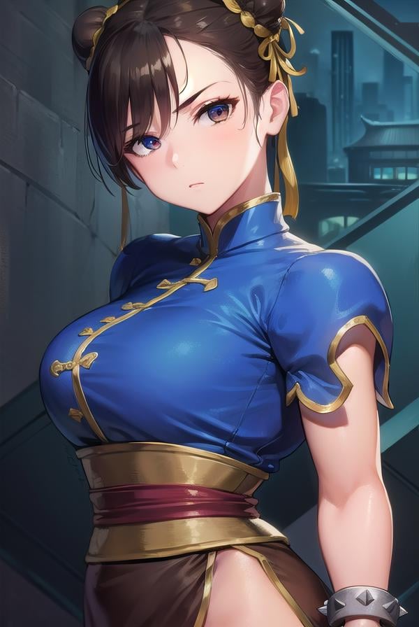 chunli, <lora:chunli-lora-nochekaiser:1>,chun li, (brown eyes:1.5), brown hair, (bun cover:1.5), double bun, eyeliner, hair bun, lipstick, makeup, pink lips,BREAK blue dress, boots, bracelet, brown pantyhose, china dress, chinese clothes, cross-laced footwear, dress, gold trim, jewelry, pantyhose, pelvic curtain, puffy sleeves, sash, short sleeves, side slit, spiked bracelet, spikes, white footwear,BREAK looking at viewer, full body,BREAK outdoors,BREAK <lyco:GoodHands-beta2:1>, (masterpiece:1.2), best quality, high resolution, unity 8k wallpaper, (illustration:0.8), (beautiful detailed eyes:1.6), extremely detailed face, perfect lighting, extremely detailed CG, (perfect hands, perfect anatomy),