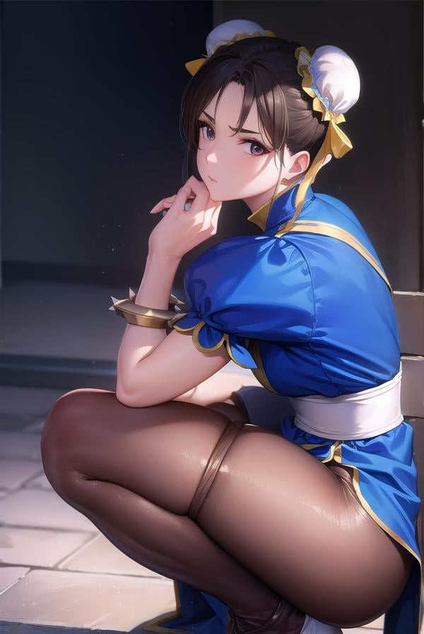 chunli, <lora:chunli-lora-nochekaiser:1>,chun li, (brown eyes:1.5), brown hair, (bun cover:1.5), double bun, eyeliner, hair bun, lipstick, makeup, pink lips,BREAK blue dress, boots, bracelet, brown pantyhose, china dress, chinese clothes, cross-laced footwear, dress, gold trim, jewelry, pantyhose, pelvic curtain, puffy sleeves, sash, short sleeves, side slit, spiked bracelet, spikes, white footwear,BREAK looking at viewer, full body,BREAK outdoors,BREAK <lyco:GoodHands-beta2:1>, (masterpiece:1.2), best quality, high resolution, unity 8k wallpaper, (illustration:0.8), (beautiful detailed eyes:1.6), extremely detailed face, perfect lighting, extremely detailed CG, (perfect hands, perfect anatomy),