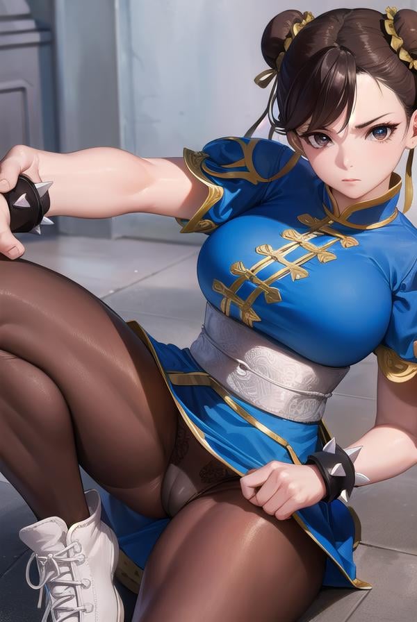 chunli, <lora:chunli-lora-nochekaiser:1>,chun li, (brown eyes:1.5), brown hair, (bun cover:1.5), double bun, eyeliner, hair bun, lipstick, makeup, pink lips,BREAK blue dress, boots, bracelet, brown pantyhose, china dress, chinese clothes, cross-laced footwear, dress, gold trim, jewelry, pantyhose, pelvic curtain, puffy sleeves, sash, short sleeves, side slit, spiked bracelet, spikes, white footwear,BREAK looking at viewer, full body,BREAK outdoors,BREAK <lyco:GoodHands-beta2:1>, (masterpiece:1.2), best quality, high resolution, unity 8k wallpaper, (illustration:0.8), (beautiful detailed eyes:1.6), extremely detailed face, perfect lighting, extremely detailed CG, (perfect hands, perfect anatomy),