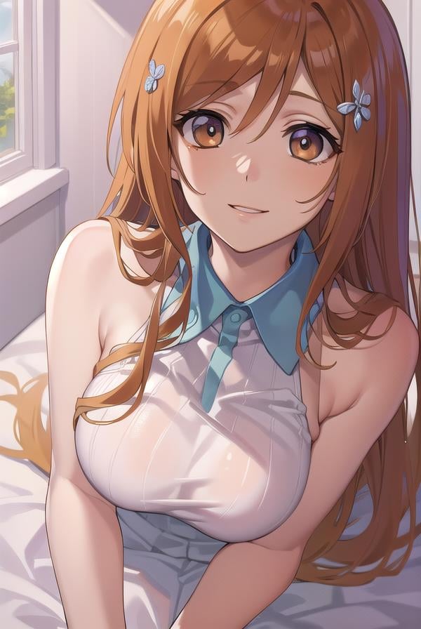 inoueorihime, <lora:inoueorihime-000051:1>, inoue orihime, orange, hair, long hair, (brown eyes:1.5), hairpin, smile, (medium breast:1.2), BREAK looking at viewer, BREAK school uniform BREAK indoors, bed, bedroom, BREAK <lora:GoodHands-vanilla:1>, (masterpiece:1.2), best quality, high resolution, unity 8k wallpaper, (illustration:0.8), (beautiful detailed eyes:1.6), extremely detailed face, perfect lighting, extremely detailed CG, (perfect hands, perfect anatomy),