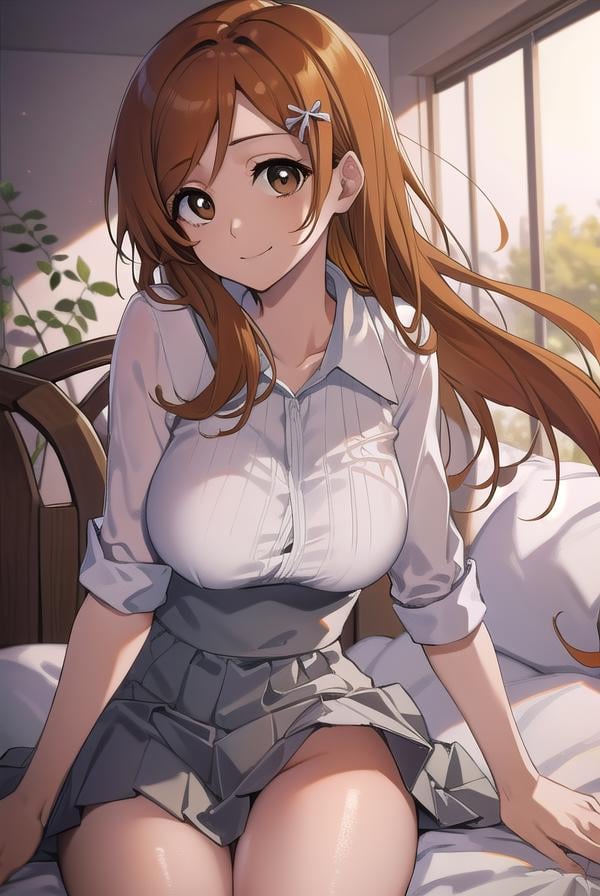 inoueorihime, <lora:inoueorihime-000051:1>, inoue orihime, orange, hair, long hair, (brown eyes:1.5), hairpin, smile, (medium breast:1.2), BREAK looking at viewer, BREAK school uniform BREAK indoors, bed, bedroom, BREAK <lora:GoodHands-vanilla:1>, (masterpiece:1.2), best quality, high resolution, unity 8k wallpaper, (illustration:0.8), (beautiful detailed eyes:1.6), extremely detailed face, perfect lighting, extremely detailed CG, (perfect hands, perfect anatomy),