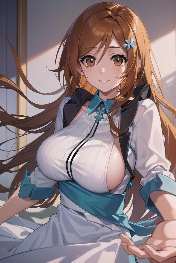 inoueorihime, <lora:inoueorihime-000051:1>, inoue orihime, orange, hair, long hair, (brown eyes:1.5), hairpin, smile, (medium breast:1.2), BREAK looking at viewer, BREAK school uniform BREAK indoors, bed, bedroom, BREAK <lora:GoodHands-vanilla:1>, (masterpiece:1.2), best quality, high resolution, unity 8k wallpaper, (illustration:0.8), (beautiful detailed eyes:1.6), extremely detailed face, perfect lighting, extremely detailed CG, (perfect hands, perfect anatomy),