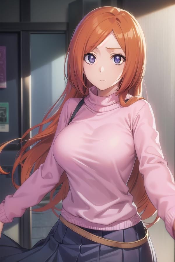 inoueorihime, <lora:originalinoueorihime-lora-nochekaiser:1>,inoue orihime, long hair, orange hair, (grey eyes:1.5),BREAK sweater, (pink sweater:1.5), long sleeves, puffy sleeves, skirt, blue skirt, long skirt,BREAK looking at viewer, full body,BREAK indoors, classroom,BREAK <lyco:GoodHands-beta2:1>, (masterpiece:1.2), best quality, high resolution, unity 8k wallpaper, (illustration:0.8), (beautiful detailed eyes:1.6), extremely detailed face, perfect lighting, extremely detailed CG, (perfect hands, perfect anatomy),