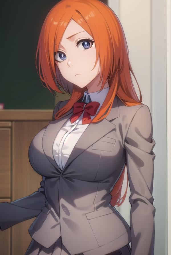 inoueorihime, <lora:originalinoueorihime-lora-nochekaiser:1>,inoue orihime, long hair, orange hair, (grey eyes:1.5),BREAK skirt, bow, school uniform, jacket, blazer, grey jacket,BREAK looking at viewer, full body,BREAK indoors, classroom,BREAK <lyco:GoodHands-beta2:1>, (masterpiece:1.2), best quality, high resolution, unity 8k wallpaper, (illustration:0.8), (beautiful detailed eyes:1.6), extremely detailed face, perfect lighting, extremely detailed CG, (perfect hands, perfect anatomy),