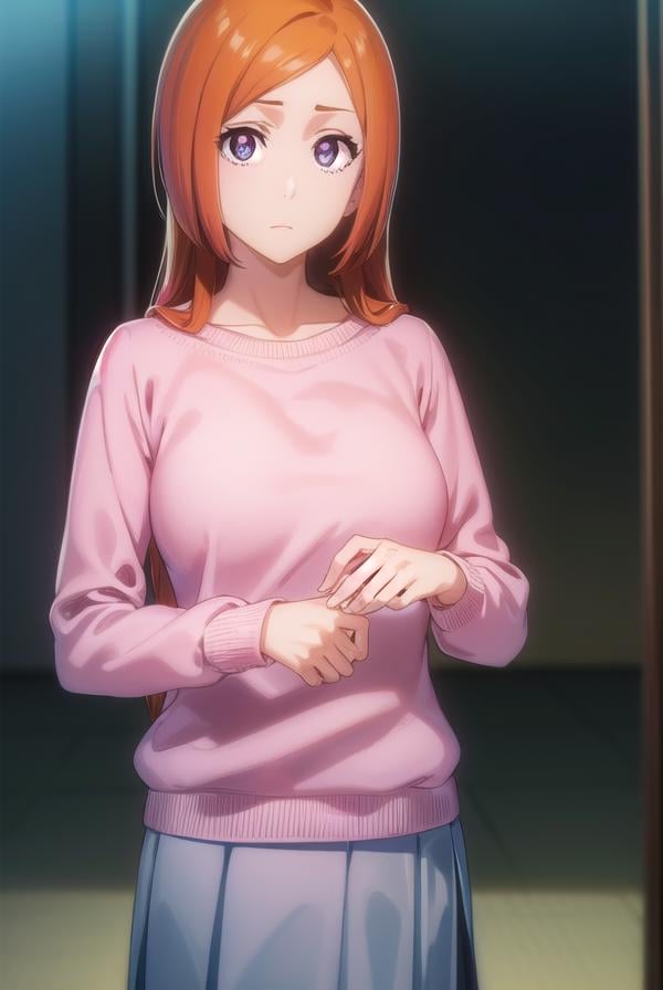 inoueorihime, <lora:originalinoueorihime-lora-nochekaiser:1>,inoue orihime, long hair, orange hair, (grey eyes:1.5),BREAK sweater, (pink sweater:1.5), long sleeves, puffy sleeves, skirt, blue skirt, long skirt,BREAK looking at viewer, full body,BREAK indoors, classroom,BREAK <lyco:GoodHands-beta2:1>, (masterpiece:1.2), best quality, high resolution, unity 8k wallpaper, (illustration:0.8), (beautiful detailed eyes:1.6), extremely detailed face, perfect lighting, extremely detailed CG, (perfect hands, perfect anatomy),