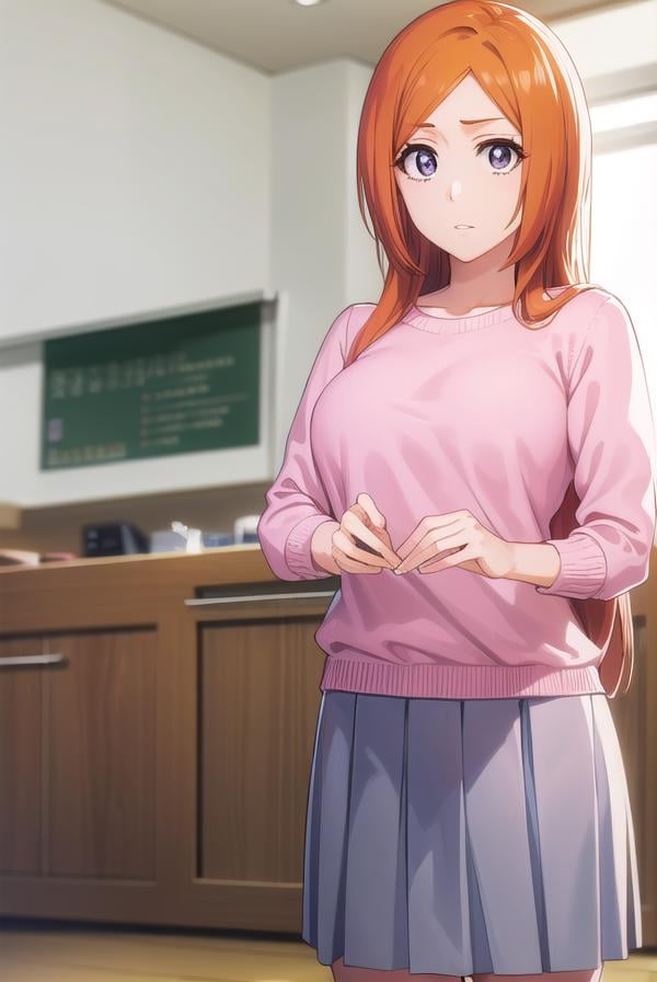 inoueorihime, <lora:originalinoueorihime-lora-nochekaiser:1>,inoue orihime, long hair, orange hair, (grey eyes:1.5),BREAK sweater, (pink sweater:1.5), long sleeves, puffy sleeves, skirt, blue skirt, long skirt,BREAK looking at viewer, full body,BREAK indoors, classroom,BREAK <lyco:GoodHands-beta2:1>, (masterpiece:1.2), best quality, high resolution, unity 8k wallpaper, (illustration:0.8), (beautiful detailed eyes:1.6), extremely detailed face, perfect lighting, extremely detailed CG, (perfect hands, perfect anatomy),