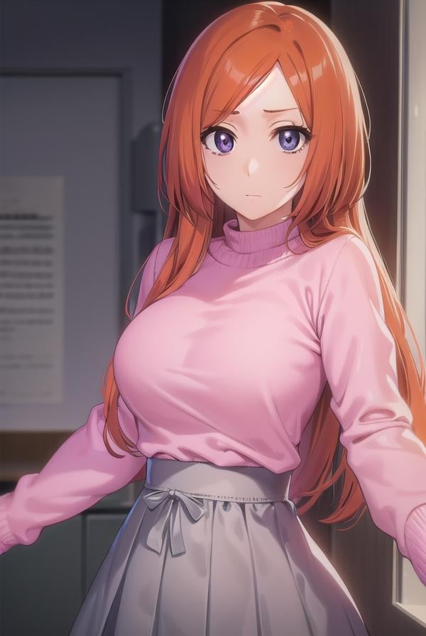 inoueorihime, <lora:originalinoueorihime-lora-nochekaiser:1>,inoue orihime, long hair, orange hair, (grey eyes:1.5),BREAK sweater, (pink sweater:1.5), long sleeves, puffy sleeves, skirt, blue skirt, long skirt,BREAK looking at viewer, full body,BREAK indoors, classroom,BREAK <lyco:GoodHands-beta2:1>, (masterpiece:1.2), best quality, high resolution, unity 8k wallpaper, (illustration:0.8), (beautiful detailed eyes:1.6), extremely detailed face, perfect lighting, extremely detailed CG, (perfect hands, perfect anatomy),