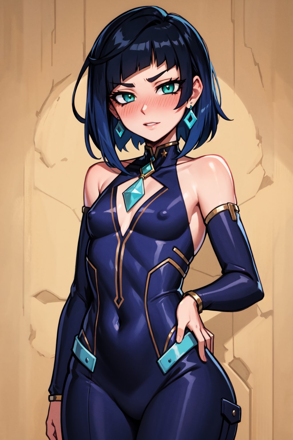 masterpieces,  looking at the viewer,  blushing,  small chest,  small nipples,  dark blue hair and lighter asymmetrical bangs at the ends,  light emerald green eyes,  white earrings with blue tips, <lora:EMS-46506-EMS:0.800000>