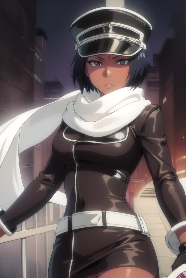 jackietristan, <lora:jackietristan-lora-nochekaiser:1>,jackie tristan, short hair, black hair, dark skin, dark-skinned female, (brown eyes:1.5),BREAK thighhighs, gloves, boots, goggles, goggles on head, hat, scarf, white scarf,BREAK looking at viewer, full body,BREAK outdoors,BREAK <lyco:GoodHands-beta2:1>, (masterpiece:1.2), best quality, high resolution, unity 8k wallpaper, (illustration:0.8), (beautiful detailed eyes:1.6), extremely detailed face, perfect lighting, extremely detailed CG, (perfect hands, perfect anatomy),