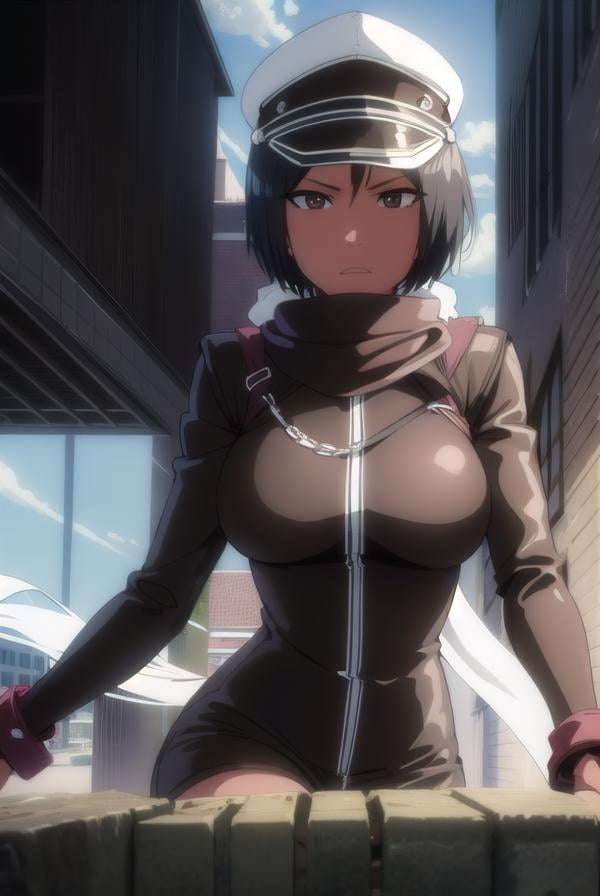 jackietristan, <lora:jackietristan-lora-nochekaiser:1>,jackie tristan, short hair, black hair, dark skin, dark-skinned female, (brown eyes:1.5),BREAK thighhighs, gloves, boots, goggles, goggles on head, hat, scarf, white scarf,BREAK looking at viewer, full body,BREAK outdoors,BREAK <lyco:GoodHands-beta2:1>, (masterpiece:1.2), best quality, high resolution, unity 8k wallpaper, (illustration:0.8), (beautiful detailed eyes:1.6), extremely detailed face, perfect lighting, extremely detailed CG, (perfect hands, perfect anatomy),